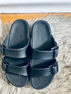 Skechers Black Dual-Buckle Comfort Slides